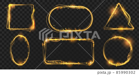 Circle and square frames with golden magic light effects and sparks. Shining rectangle frame with glitter flare. Glowing banners vector set 85990302