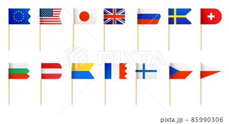 Realistic wood toothpick with little country flags for food decoration. Usa, france, japan, sweden and england miniature 3d flags vector set Realistic wood toothpick with little country flags for food decoration. Usa, france, japan, sweden and england miniature 3d flags vector set 85990306