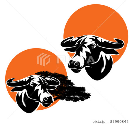 african buffalo bull head with red sun disk vector design set 85990342