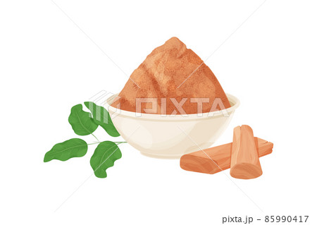 Sandalwood, chandan pieces and powder in bowl, leaves ingredient in cartoon style isolated on white background. Dried wood, medical material. 85990417