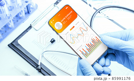 Healthcare app medical technology. Doctor holding digital smartphone. Healthcare medicine app on mobile phone screen. Health Check with digital system support. 85991176