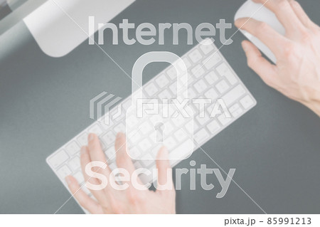 Internet protection. Security computer Data symbol on blured keyboard background. System Shield Protection Verification. 85991213