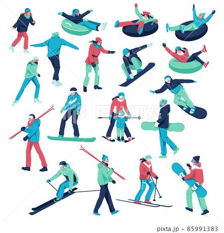 A large set of different characters Men's and women's ski snowboards, tubing and ice skating. Winter sports. Flat vector illustration isolated on white background. 85991383