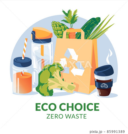 zero waste objects concept: paper bag, vegetables, jar, coffee cup, watre bottle. no plastic. Flat vector illustration 85991389