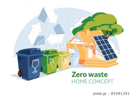 zero waste house concept. Green energy and recycling. Garbage sorting. Solar panel on the house roof. Flat vector illustration zero waste house concept. Green energy and recycling. Garbage sorting. Solar panel on the house roof. Flat vector illustration 85991391