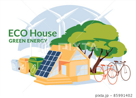 eco house with solar panels, bycicles and sorting garbage green energy concept. web icon and infographic. Recycle and renewble enerrgy home concept. Flat vector iluustration eco house with solar panels, bycicles and sorting garbage green energy concept. web icon and infographic. Recycle and renewble enerrgy home concept. Flat vector iluustration 85991402