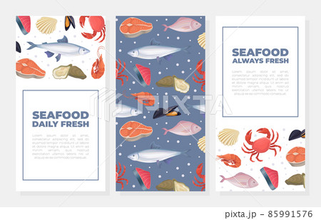 Fresh seafood vertical banners set. Restaurant or fish market advertising, poster, card, packaging design vector illustration 85991576