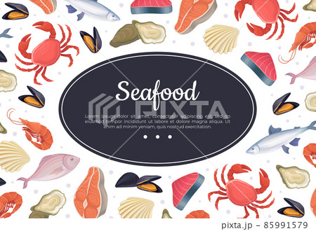 Seafood banner template. Restaurant or fishery product market advertising, poster, card, packaging design vector illustration Seafood banner template. Restaurant or fishery product market advertising, poster, card, packaging design vector illustration 85991579
