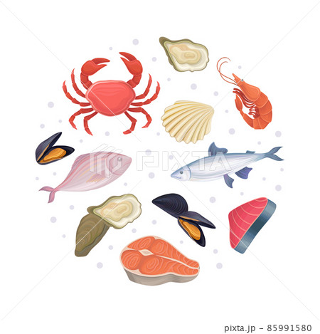 Organic seafood in circular shape. Poster, card, background with shrimp, octopus, crab, salmon steak fish vector illustration 85991580