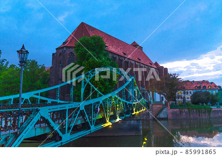 Watercolor drawing of Roman Catholic parish Saint Mary church NMP on Sand island Wyspa Piasek 85991865