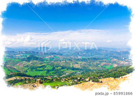 Watercolor drawing of Aerial top panoramic view of landscape with valley 85991866