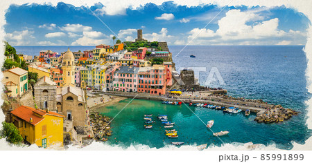 Watercolor drawing of Vernazza village with typical colorful multicolored buildings 85991899