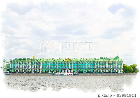 Watercolor drawing of Saint Petersburg, Russia: The State Hermitage Museum building Watercolor drawing of Saint Petersburg, Russia: The State Hermitage Museum building 85991911