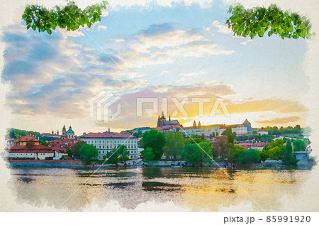 Watercolor drawing of Prague historical city center 85991920