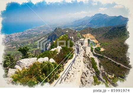 Watercolor drawing of View of Kyrenia Girne mountains and town from medieval Saint Hilarion Castle in front of blue sky with white clouds and Mediterranean sea 85991974