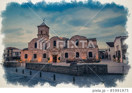 Watercolor drawing of Orthodox Church of Saint Lazarus Agios Lazaros on the central square in the old part of Larnaca town at sunset dusk twilight 85991975