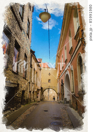 Watercolor drawing of Narrow streets of Vilnius old town with arch, buildings with brick walls and street lamp Watercolor drawing of Narrow streets of Vilnius old town with arch, buildings with brick walls and street lamp 85991980
