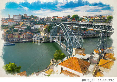 Watercolor drawing of Aerial view of Ponte Luis Bridge over Douro River, tiled roofs of colorful buildings and old historic district Ribeira in Porto 85991997