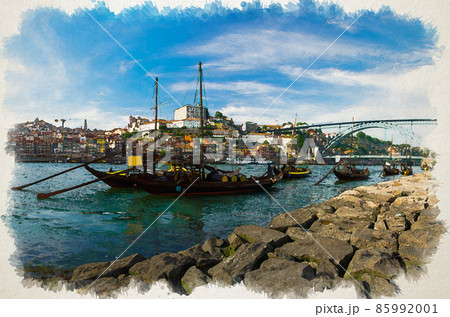 Watercolor drawing of Portugal, city landscape Porto, a group of yellow wooden boats with wine port barrels on Douro river, panoramic view of old town Porto Watercolor drawing of Portugal, city landscape Porto, a group of yellow wooden boats with wine port barrels on Douro river, panoramic view of old town Porto 85992001