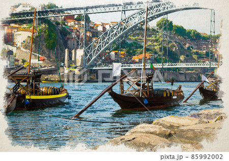 Watercolor drawing of Portugal, Porto, wooden boats with wine barrels on Douro river, wooden boats with port barrels close up on Douro river 85992002