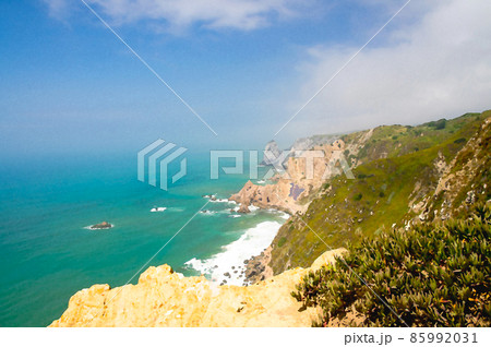 Watercolor drawing of Cape Roca - The Western point of Europe, Atlantic ocean coastline view from Cabo da Roca, Azure Atlantic water 85992031