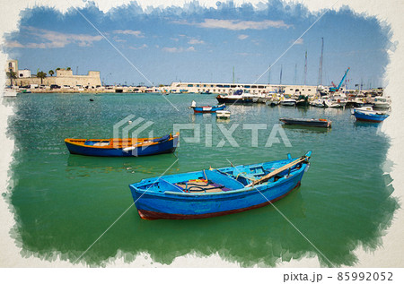 Watercolor drawing of colourful fishing boats in harbour of Bari city, Puglia Apulia region Watercolor drawing of colourful fishing boats in harbour of Bari city, Puglia Apulia region 85992052