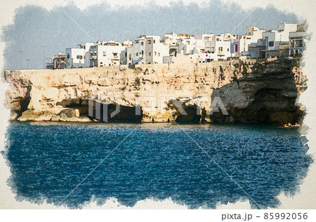 Watercolor drawing of Polignano a mare town with white buildings on grottos and cliffs in Puglia Apulia 85992056