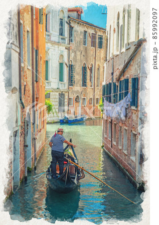 Watercolor drawing of Venice: Gondola sailing narrow canal between old buildings with brick walls. Gondolier 85992097