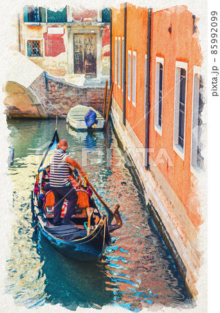 Watercolor drawing of Venice: bold gondolier on gondola with tourists people sailing in narrow water canal between old colorful buildings Watercolor drawing of Venice: bold gondolier on gondola with tourists people sailing in narrow water canal between old colorful buildings 85992099
