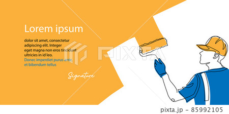 Man paints wall with painting roller. Renovation concept. Vector background, banner, poster. One continuous line art drawing illustration of wall painter Man paints wall with painting roller. Renovation concept. Vector background, banner, poster. One continuous line art drawing illustration of wall painter 85992105