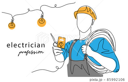 Electrician man with tester tool and electric cable, wire. One continuous line art drawing vector illustration of electrician man Electrician man with tester tool and electric cable, wire. One continuous line art drawing vector illustration of electrician man 85992106