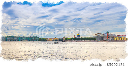 Watercolor drawing of Panorama of Saint Petersburg with Winter Palace, State Hermitage Museum, Palace Bridge across Neva river Watercolor drawing of Panorama of Saint Petersburg with Winter Palace, State Hermitage Museum, Palace Bridge across Neva river 85992121