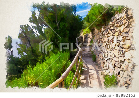 Watercolor drawing of Pedestrian hiking stone path trail with railing between Corniglia and Vernazza villages 85992152