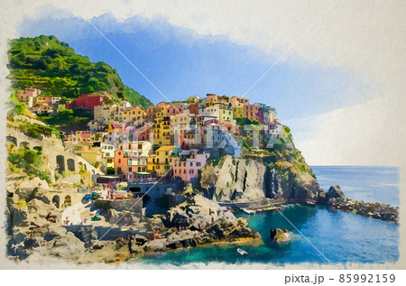 Watercolor drawing of Manarola traditional typical Italian village in National park Cinque Terre Watercolor drawing of Manarola traditional typical Italian village in National park Cinque Terre 85992159