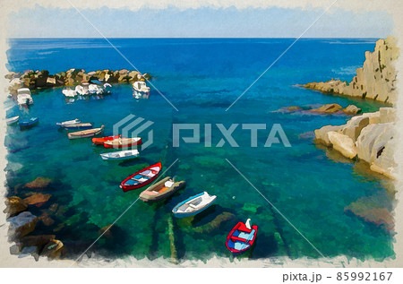 Watercolor drawing of Fishing colorful boats on transparent water in small harbor of Riomaggiore village Watercolor drawing of Fishing colorful boats on transparent water in small harbor of Riomaggiore village 85992167