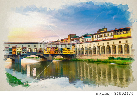 Watercolor drawing of Ponte Vecchio stone bridge with colourful buildings houses across Arno River 85992170