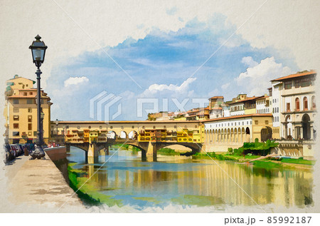 Watercolor drawing of Ponte Vecchio stone bridge with colourful buildings houses across Arno River 85992187