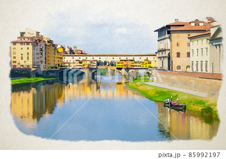 Watercolor drawing of Ponte Vecchio bridge with colourful buildings houses over Arno River Watercolor drawing of Ponte Vecchio bridge with colourful buildings houses over Arno River 85992197