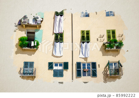Watercolor drawing of Wall of colorful buildings with shutter windows and drying bed linen 85992222