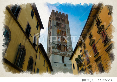 Watercolor drawing of Bell tower of Chiesa di San Frediano catholic church in historical centre of old town Lucca Watercolor drawing of Bell tower of Chiesa di San Frediano catholic church in historical centre of old town Lucca 85992231