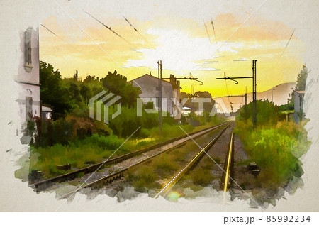 Railroad track drawing watercolour Stock Photo - Alamy