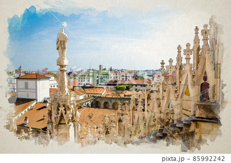 Watercolor drawing of White marble statues on roof of famous Duomo di Milano Watercolor drawing of White marble statues on roof of famous Duomo di Milano 85992242