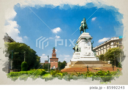 Watercolor drawing of Monument Giuseppe Garibaldi statue on Largo Cairoli and old medieval Sforza Castle 85992243