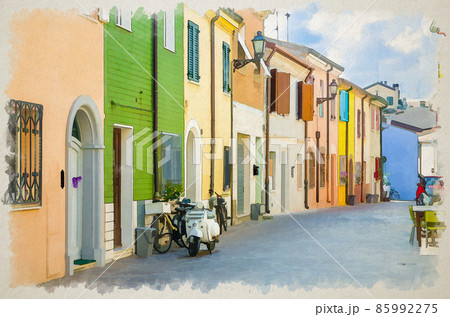 Watercolor drawing of Typical italian old buildings with colorful multicolored walls and traditional houses Watercolor drawing of Typical italian old buildings with colorful multicolored walls and traditional houses 85992275