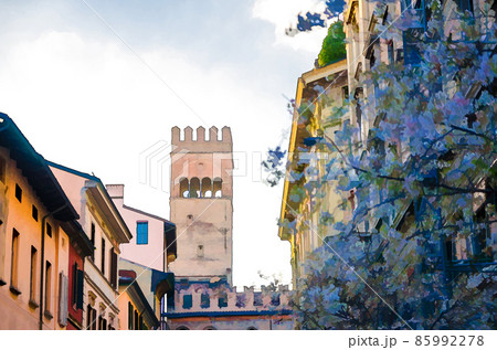 Watercolor drawing of Top of tower of Palazzo Re Enzo palace building and blossom lilac among buildings 85992278
