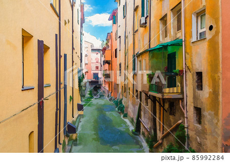 Watercolor drawing of Canale delle Moline canal La Piccola Venezia Finestrella between buildings in old historical city centre of Bologna Watercolor drawing of Canale delle Moline canal La Piccola Venezia Finestrella between buildings in old historical city centre of Bologna 85992284