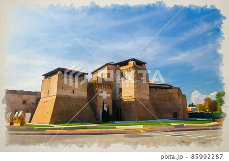 Watercolor drawing of Castel Sismondo brick castle with tower on Piazza Malatesta square 85992287