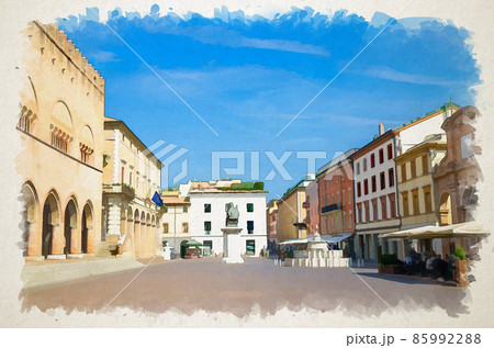 Watercolor drawing of Old colorful multicolored building and houses and Pope Paul V monument on Piazza Cavour square Watercolor drawing of Old colorful multicolored building and houses and Pope Paul V monument on Piazza Cavour square 85992288