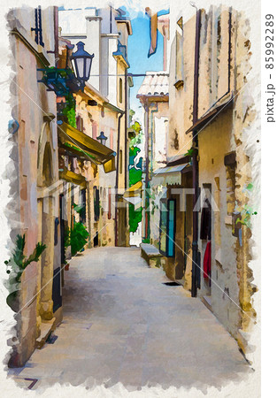 Watercolor drawing of Typical italian cobblestone street with traditional buildings Watercolor drawing of Typical italian cobblestone street with traditional buildings 85992289