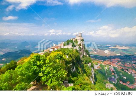 Watercolor drawing of Republic San Marino Prima Torre Guaita first fortress tower 85992290